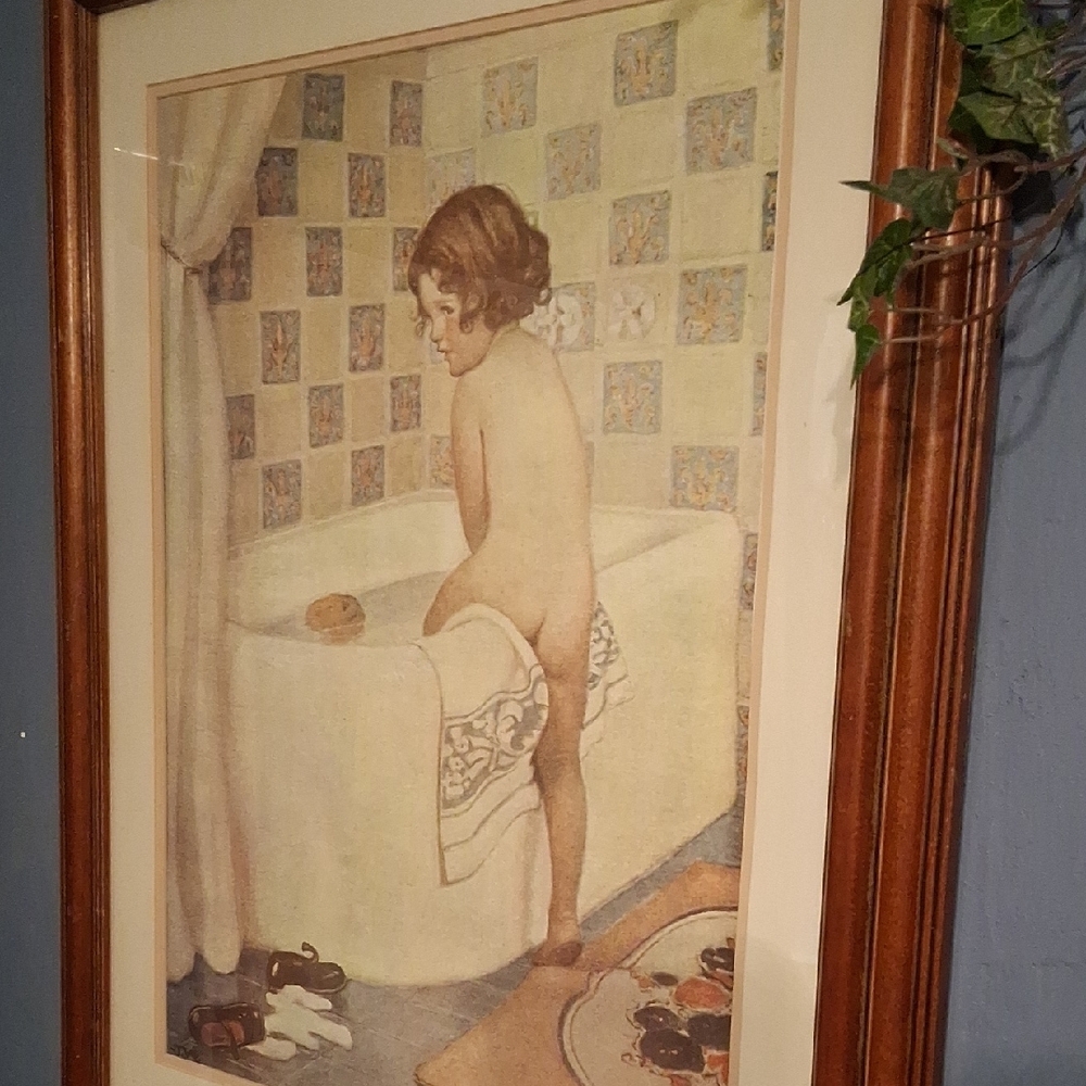Vintage Framed Child Bathtub Art - Picture 2 of 2